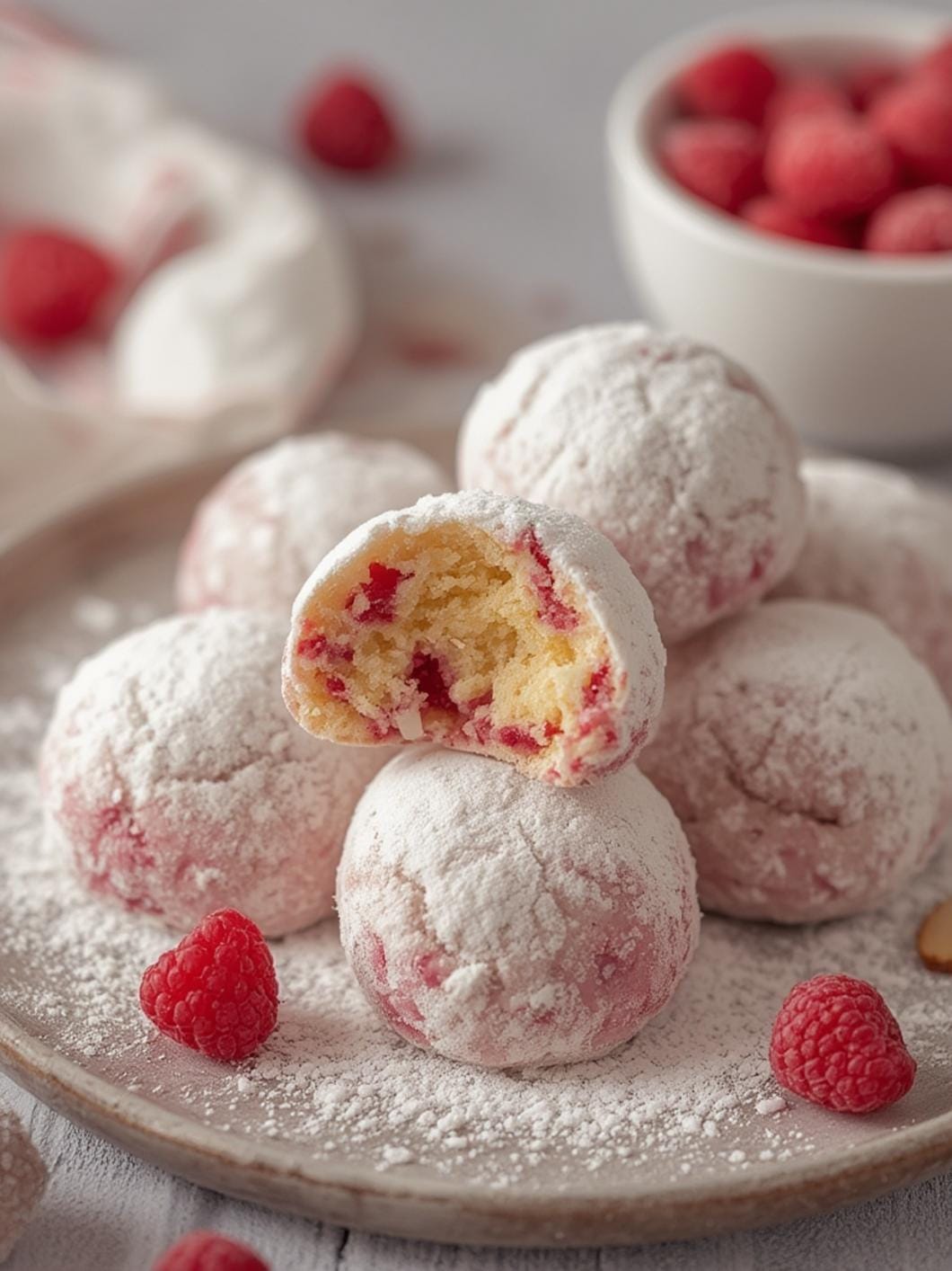 Raspberry Almond Snowball Cookies